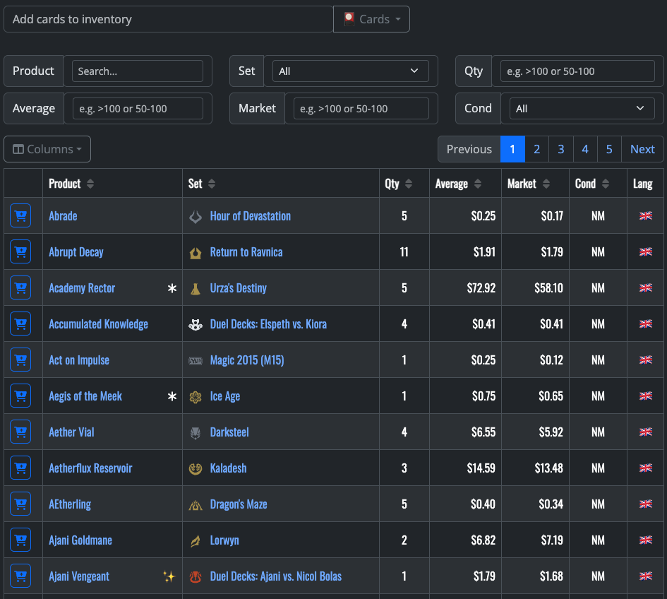 Inventory table view